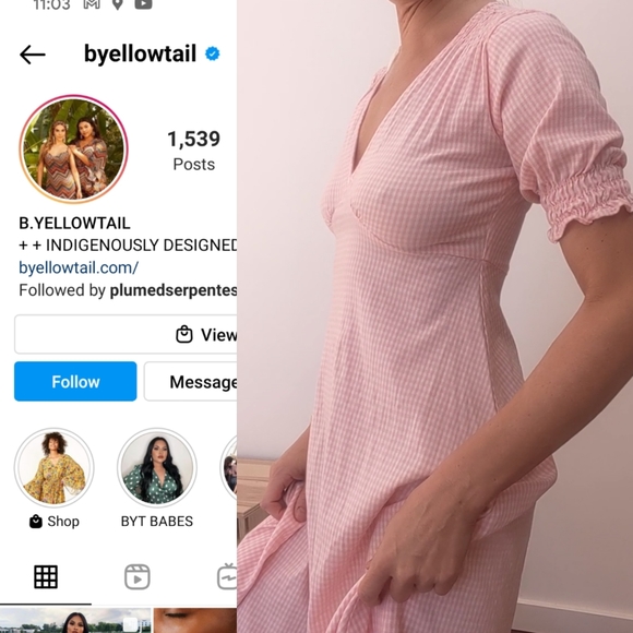 B.Yellowtail Spring pink gingham indigenous designer puff sleeve dress xs - Picture 3 of 7